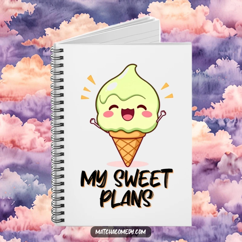 Funny Kawaii Matcha Ice Cream Notebook: A cute matcha ice cream cone cheering with enthusiasm, ready for notes.