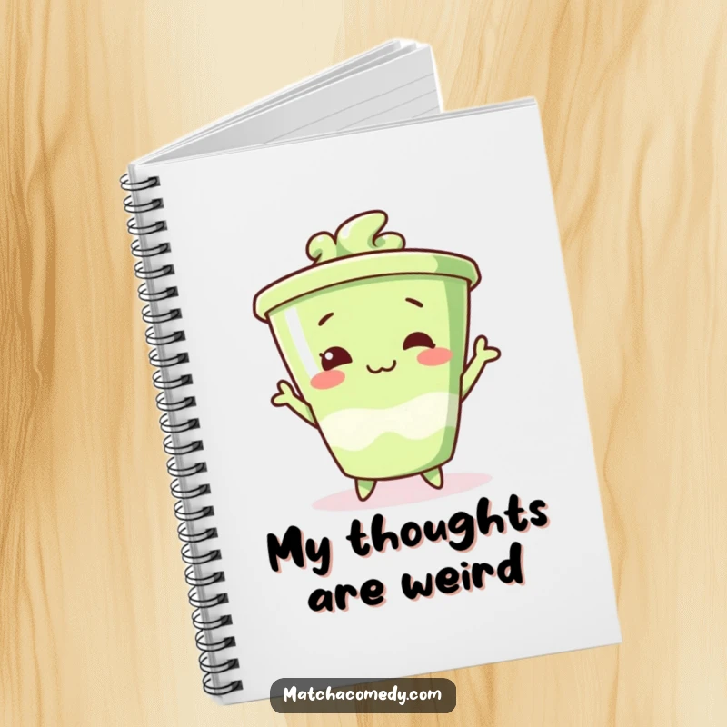 Funny matcha cup notebook striking a goofy pose, perfect for jotting down funny notes and silly ideas.