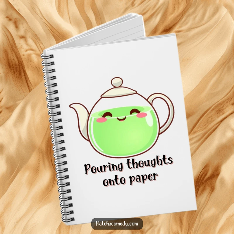 Funny teapot with a happy face pouring green liquid on the cover of this notebook, inspiring creativity.