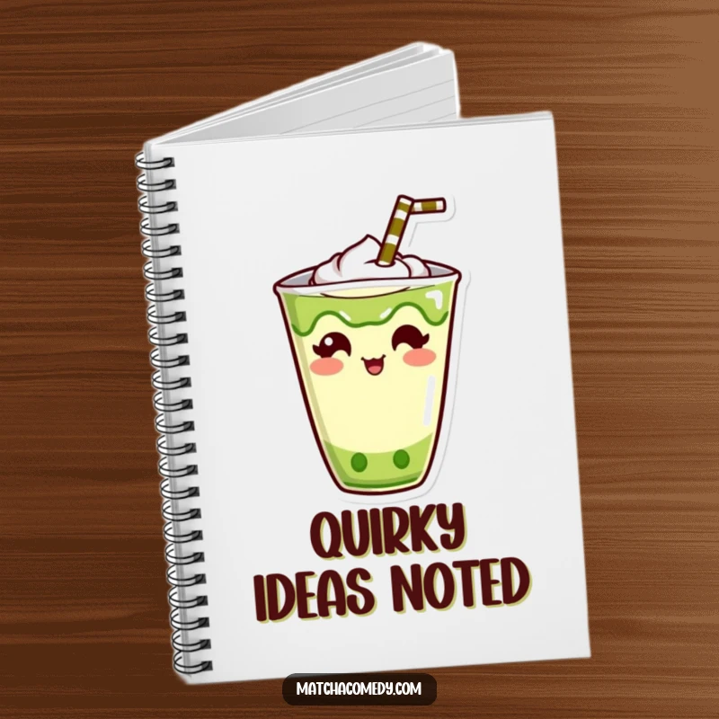 Funny Kawaii Matcha Drink Notebook: Lined pages inside, featuring a cute character with a straw sticking out humorously.
