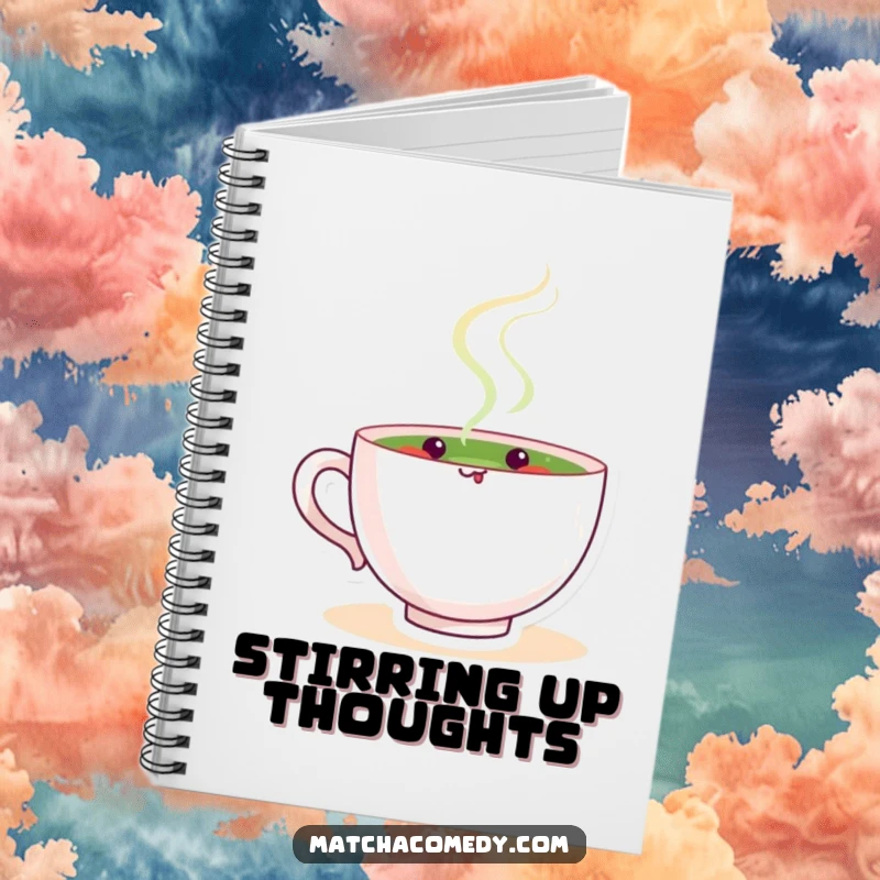 Funny matcha tea cup character contentedly stirring, inspiring creativity on the cover of this calm and humorous notebook.