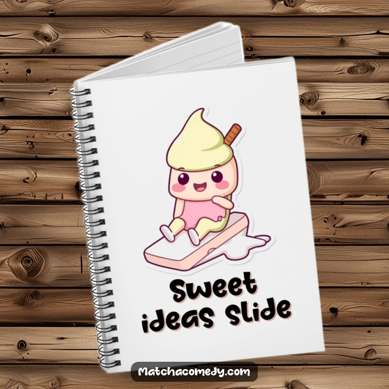 Funny Kawaii matcha ice cream notebook with a happily sliding character, ideal for journaling and note-taking.