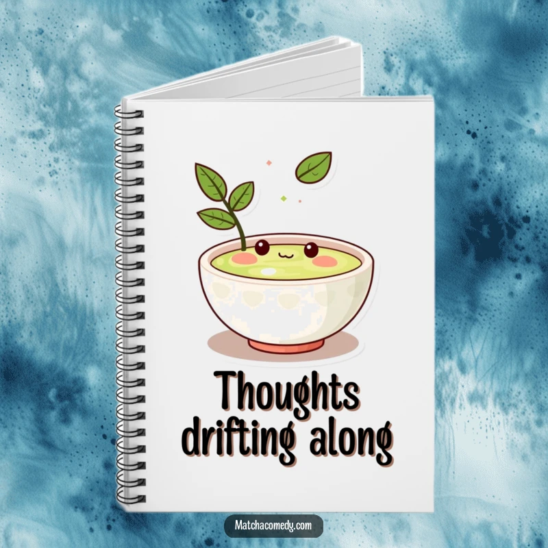 Funny Kawaii matcha bowl character amused by a floating leaf, lined pages, ideal for notes and journaling.