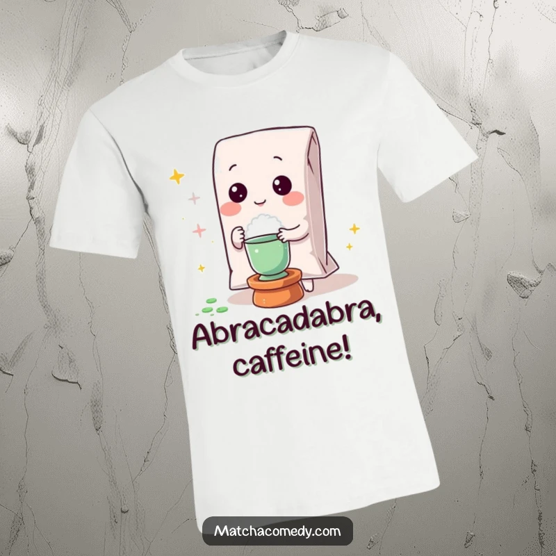 Funny Kawaii matcha powder bag performing an impressive magic trick on this whimsical t-shirt.