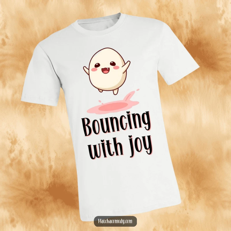 Funny Kawaii Matcha Mochi Leap T-Shirt: A joyful matcha mochi jumping, kicking up a powdery trail.