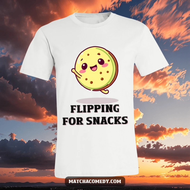 Funny Kawaii Matcha Cookie T-Shirt depicting a matcha cookie performing a dynamic cartwheel, highlighting fun.