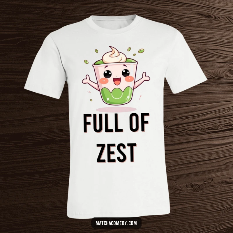 Funny Matcha Cup T-Shirt: A kawaii matcha cup bounces with uncontrollable excitement, radiating pure, infectious happiness.