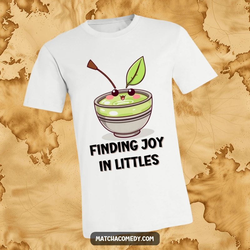Funny Kawaii Matcha Bowl T-Shirt: Adorable character looking amused by a leaf, great funny gift for relaxation.