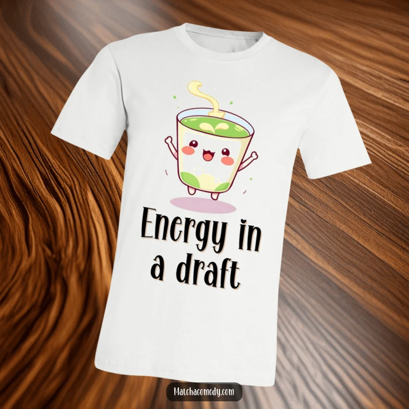 Funny T-Shirt with a cheerfully bouncing kawaii matcha cup, embodying excitement and a love for vibrant energy.