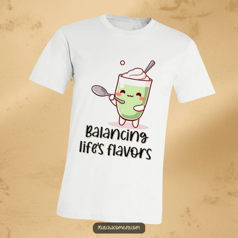 Funny Kawaii Matcha Latte T-Shirt: Adorable character in a funny pose, struggling to balance a spoon, great funny gift.