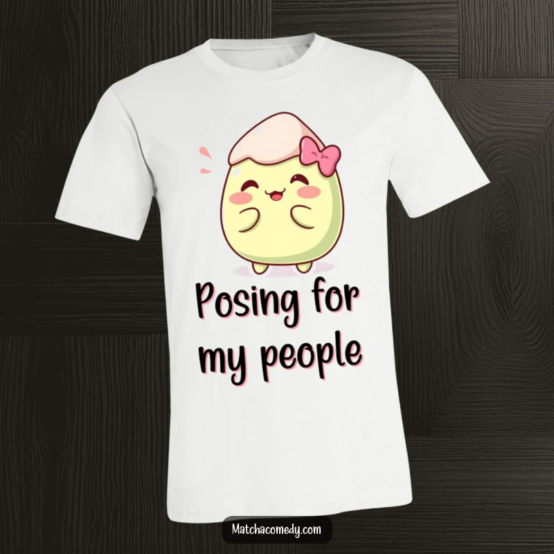 Funny Kawaii matcha mochi doing a goofy dance move on this amusing and stylish t-shirt.