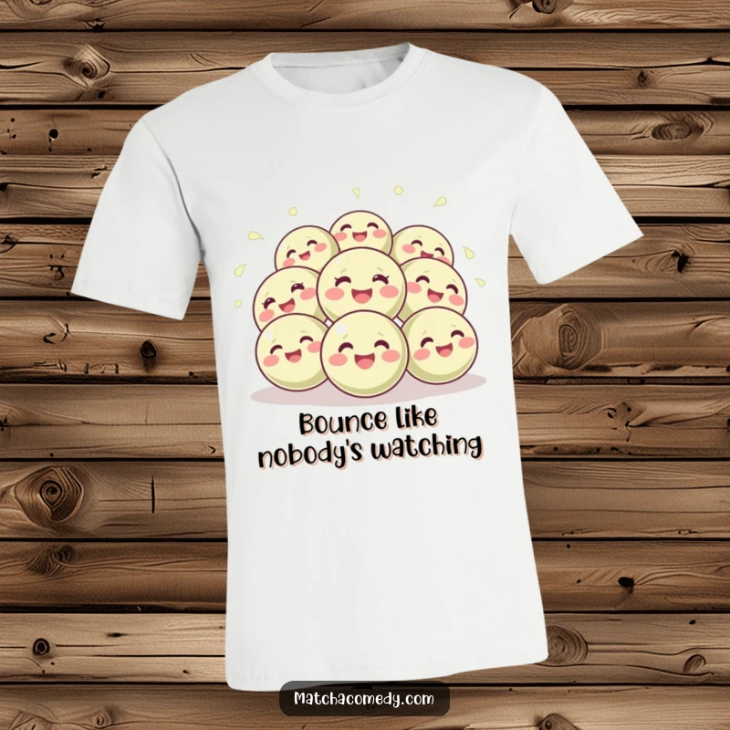 Funny t-shirt with a cheerful illustration of several small, round matcha balls joyfully bouncing together, radiating happiness.