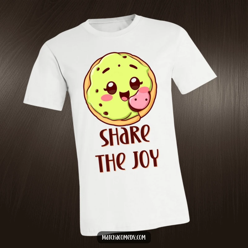 Funny kawaii matcha cookie with wide, joyful eyes, happily offering a bite, t-shirt.