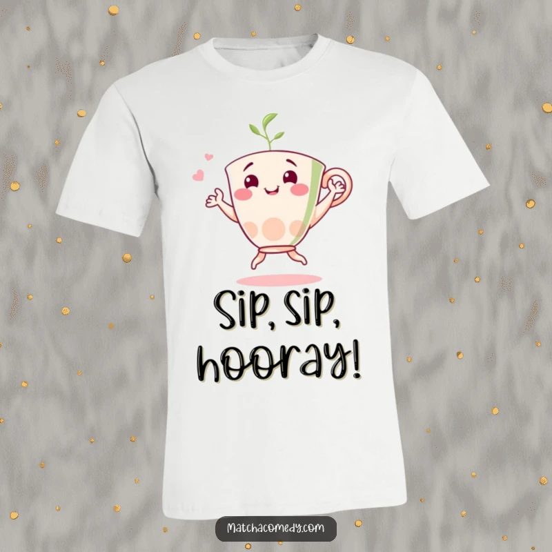 Funny matcha dancer t-shirt showing a cheerful matcha tea cup character in a joyful, energetic dance pose, full of fun.
