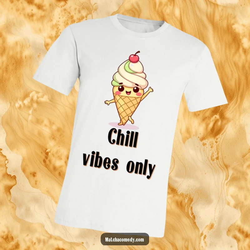 Funny Matcha Ice Cream Cone T-Shirt with a happy character doing a sweet dance, topped with a cherry.