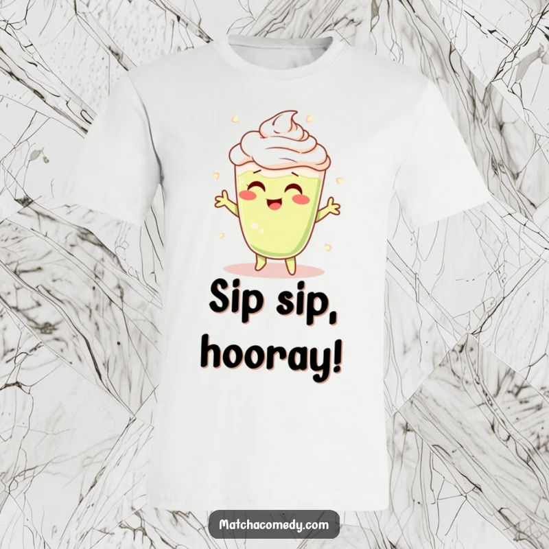 Funny Matcha Latte T-Shirt with a cheerful character doing a frothy shimmy dance, radiating happiness.