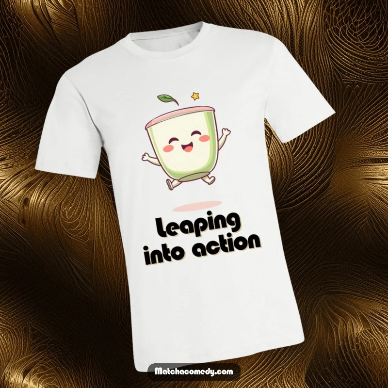 Funny matcha tea cup character performing a dynamic, playful leap with a big, infectious smile, perfect for casual wear.