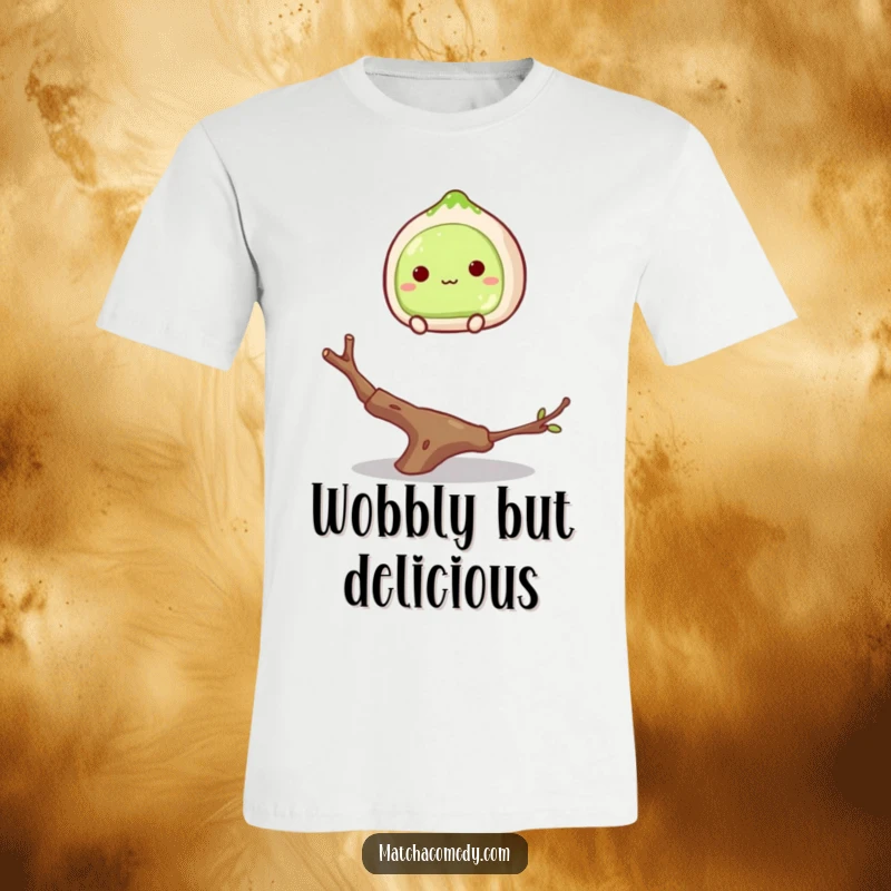 Funny matcha mochi balancing on a twig graphic on a t-shirt, looking ready to fall, a whimsical apparel item.