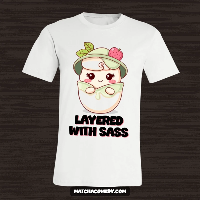 Funny matcha parfait t-shirt with a cute character peeking from layers with a cheeky grin, perfect for dessert lovers, a funny gift.