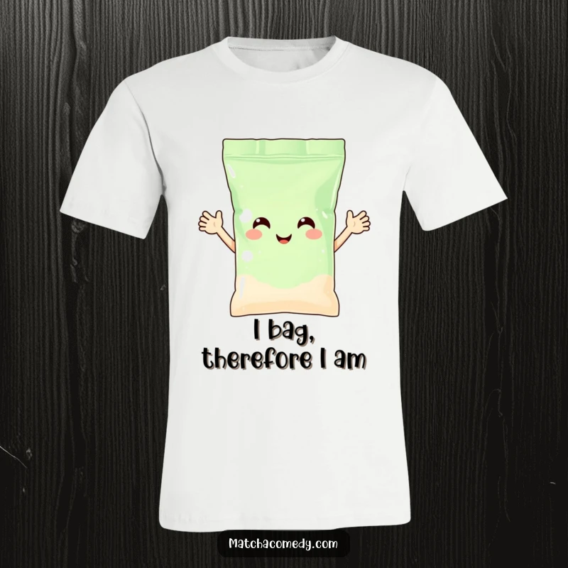 Funny matcha powder bag with arms waving happily on a t-shirt, capturing a moment of pure, infectious cheer. Adorable and humorous.