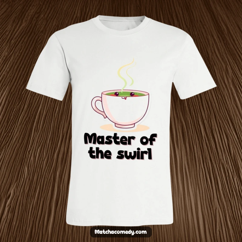 Funny matcha tea cup character contentedly stirring in a bowl, bringing a sense of peaceful humor to this casual graphic t-shirt.