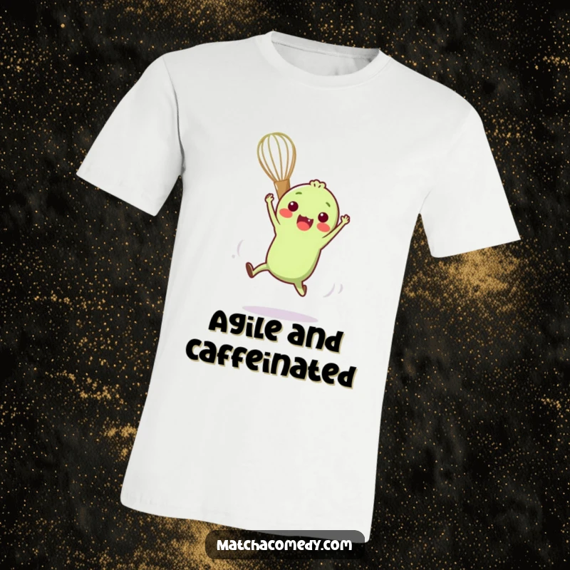 Funny t-shirt depicting a small, anthropomorphic matcha whisk executing an impressive and humorous acrobatic move with agility.