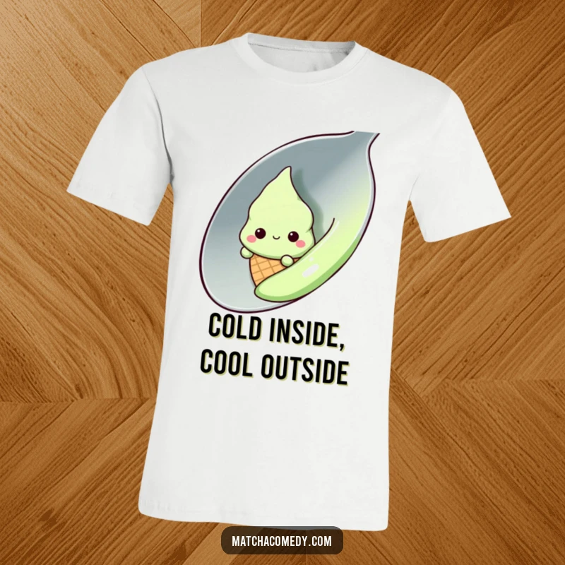 Funny shy kawaii matcha ice cream cone peeking from behind a large spoon, t-shirt, adorable, cute, sweet humor.