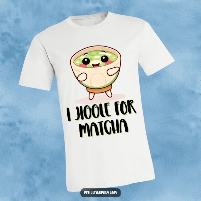 Funny matcha bowl in a joyful jig with motion lines, bringing a playful vibe to this graphic t-shirt.