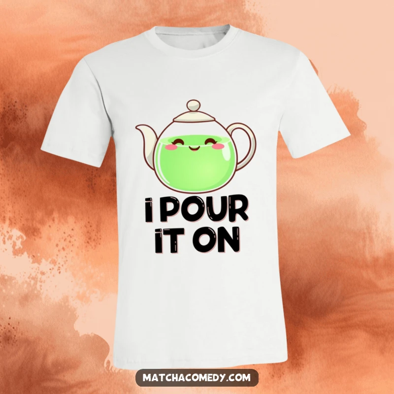 Funny teapot with a smiling face, pouring green liquid, depicted on a comfortable t-shirt.