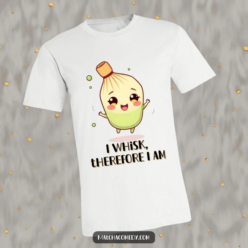 Funny Matcha Whisk T-Shirt: A cute character in mid-spin, radiating happiness and energy, ideal for casual wear.