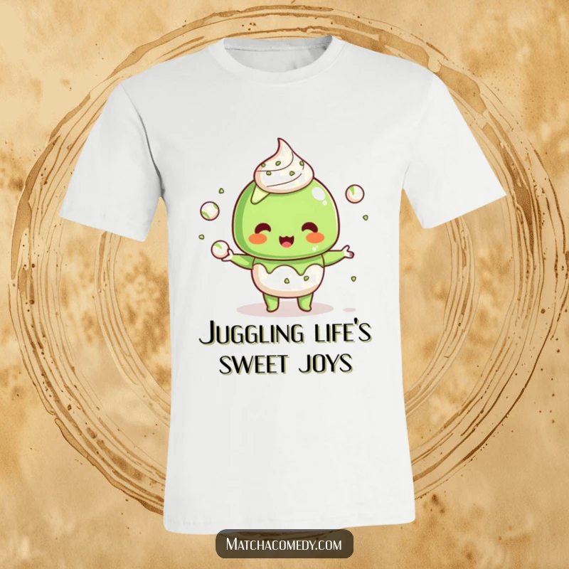 Funny Kawaii Matcha Dessert T-Shirt: Adorable character in a funny juggling pose with tiny matcha balls, great funny gift.