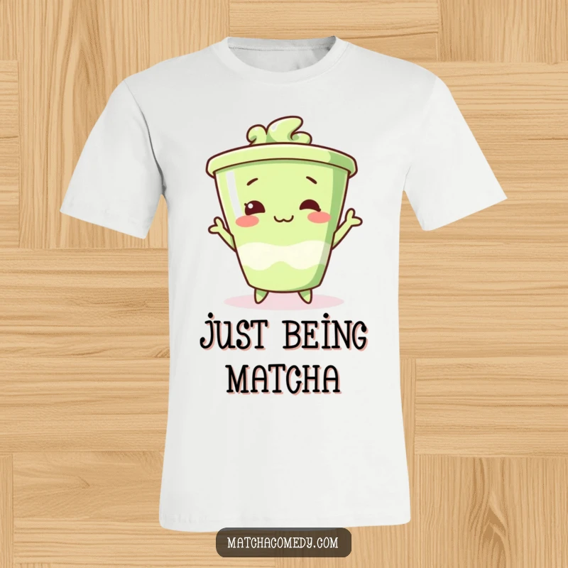 Funny matcha cup t-shirt in a ridiculous pose, embodying lighthearted fun and playful charm.