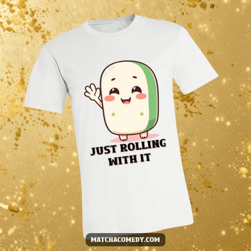 Funny matcha roll character with a delighted expression, waving hello playfully, printed on a comfortable t-shirt.