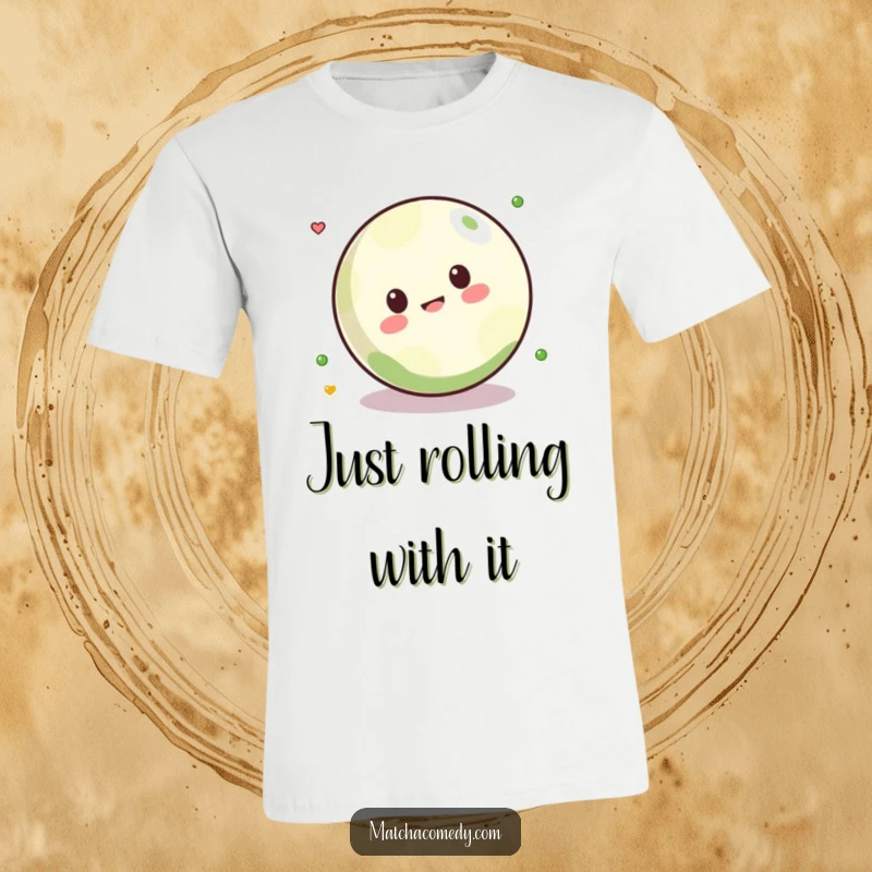 Funny Kawaii matcha ball captured mid-roll, expressing pure playful joy on this hilarious t-shirt.