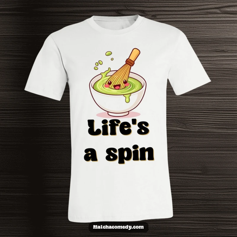 Funny Kawaii matcha whisk t-shirt with a character playfully spinning, perfect for showing off a love for matcha.