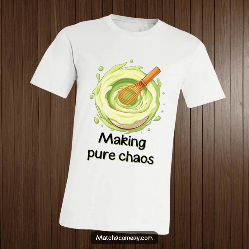 Funny matcha whisk actively stirring a swirling vortex of pure joy and color, printed on a fun t-shirt.