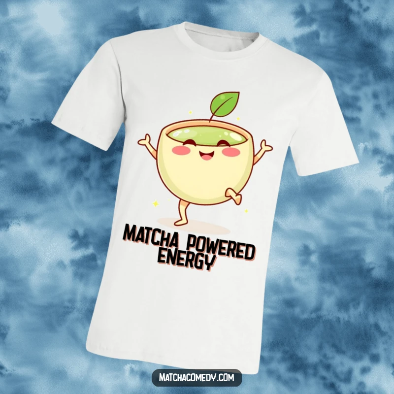 Funny t-shirt depicting a smiling matcha bowl with tiny legs mid-air, executing a dynamic celebratory kick with enthusiasm.