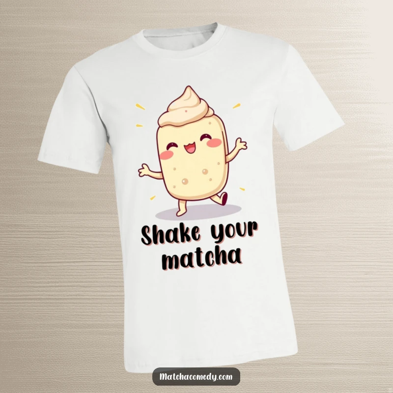 Funny t-shirt showing a matcha dessert performing an extremely energetic and exaggerated dance, spreading pure joy.