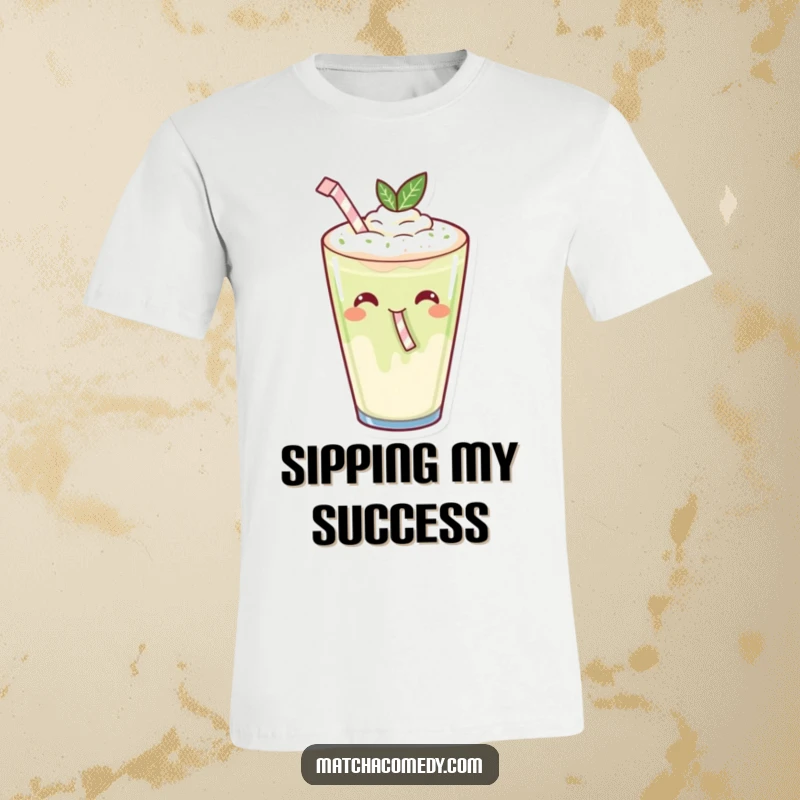 Funny Kawaii Matcha Latte Sipping T-Shirt: A happy matcha latte with a tiny straw, sipping joyfully.