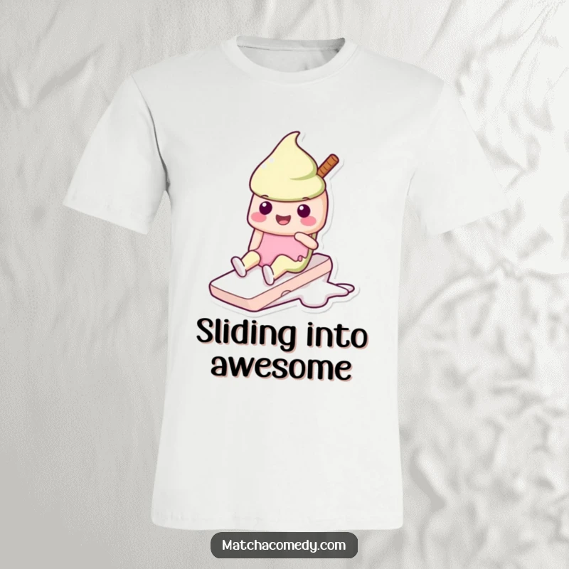 Funny Kawaii matcha ice cream t-shirt featuring a character happily sliding, perfect for expressing playful joy and sweetness.