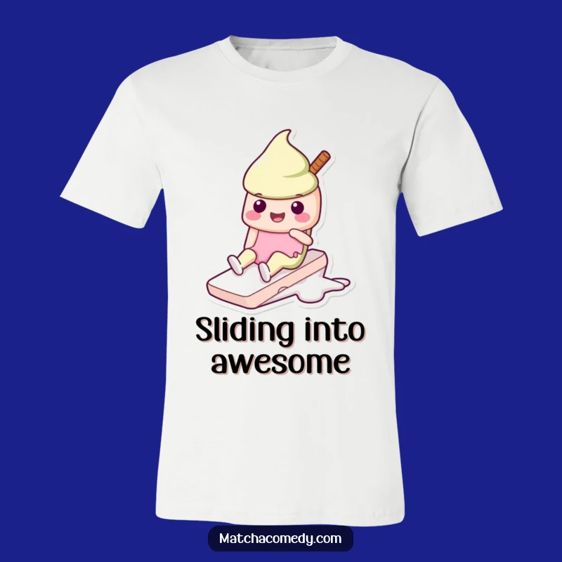 Kawaii Matcha Ice Cream Slide Funny T-Shirt: Joyful Character Tee, Great Gift