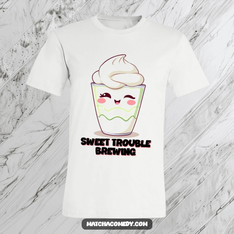 Funny T-Shirt with a kawaii matcha parfait winking cheekily, embodying sweetness and delightful indulgence.