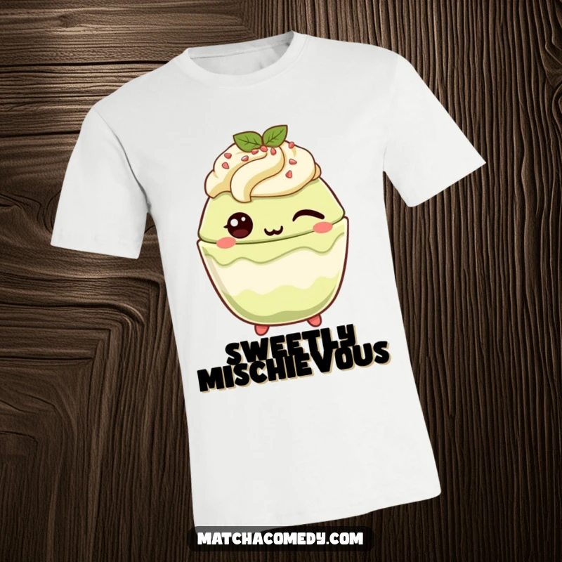 Funny Matcha Parfait T-Shirt: A kawaii matcha parfait winks with a playful expression, embodying sweet mischief.
