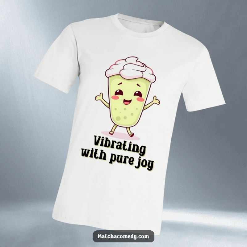 Funny Matcha Latte T-Shirt showcasing a giggling character performing an energetic, silly dance with bubbly motion, perfect for casual wear.