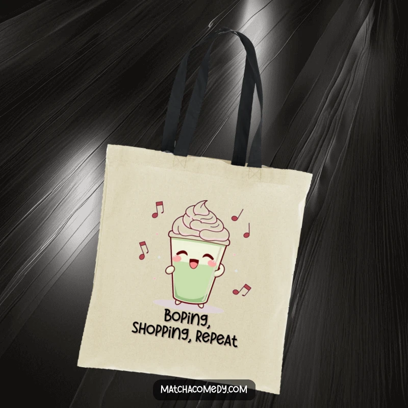 Funny matcha latte cup bobbing rhythmically to music, showcased on a durable tote bag.