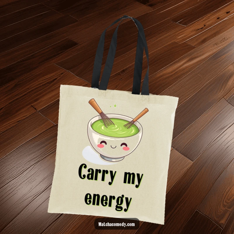 Funny kawaii matcha tea bowl tote bag depicted smiling and actively whisking with a tiny whisk.