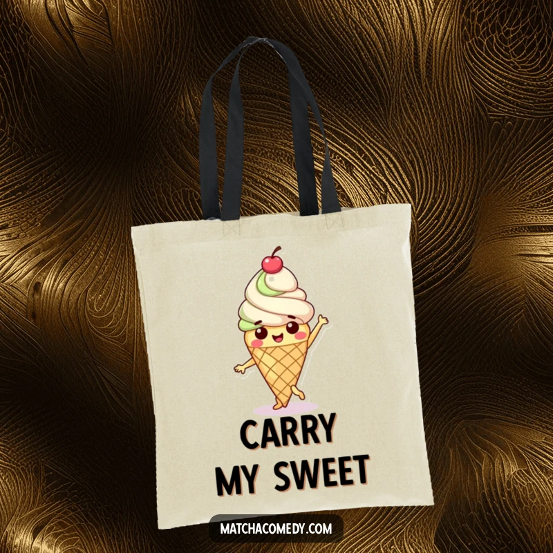 Funny Matcha Ice Cream Cone Tote Bag with a happy character doing a sweet dance and a cherry on top.