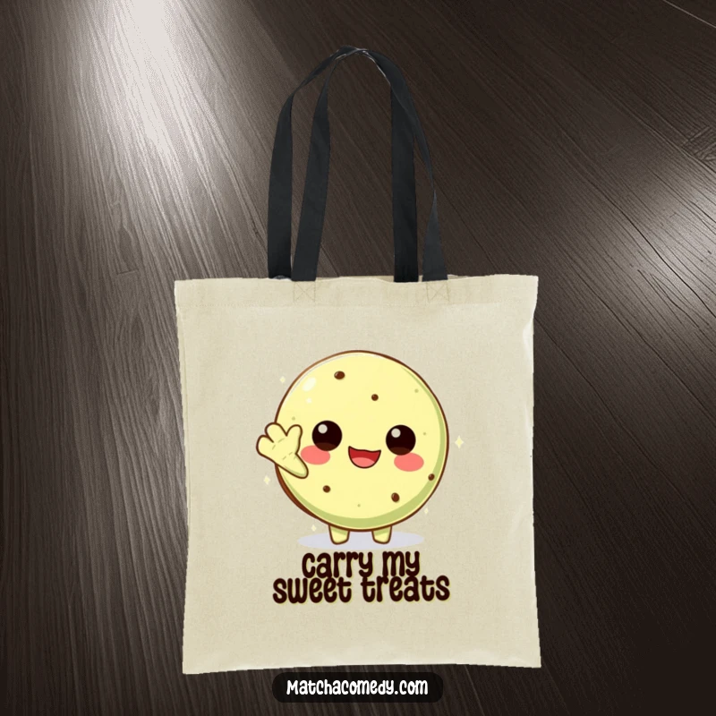 Funny Kawaii Matcha Cookie Tote Bag: A durable and stylish bag with a cute character waving hello.