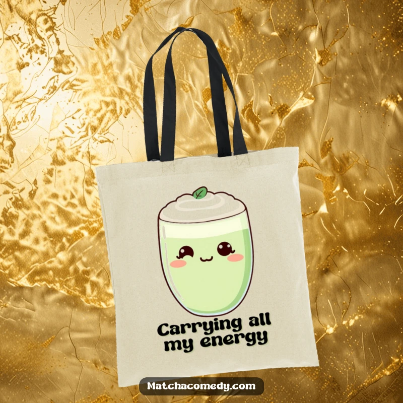 Funny Kawaii Matcha Latte Tote Bag with a cheeky smirk, carrying groceries, a practical and funny gift.