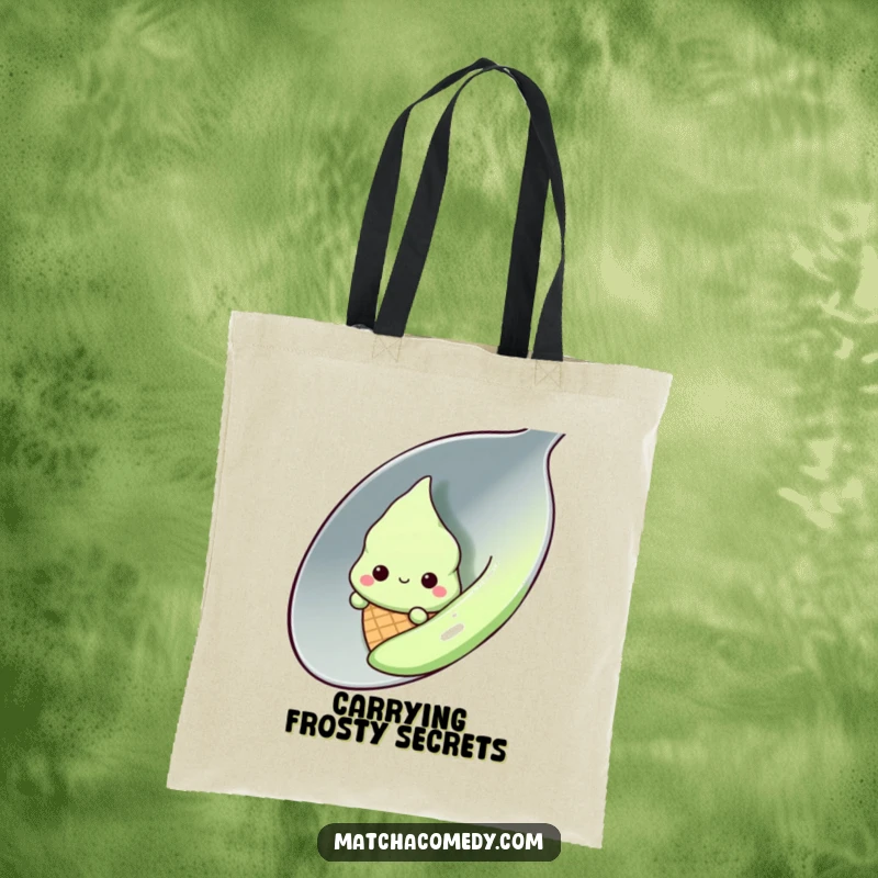Funny shy kawaii matcha ice cream cone peeking from behind a large spoon, tote bag, shopping, cute, stylish, gift.